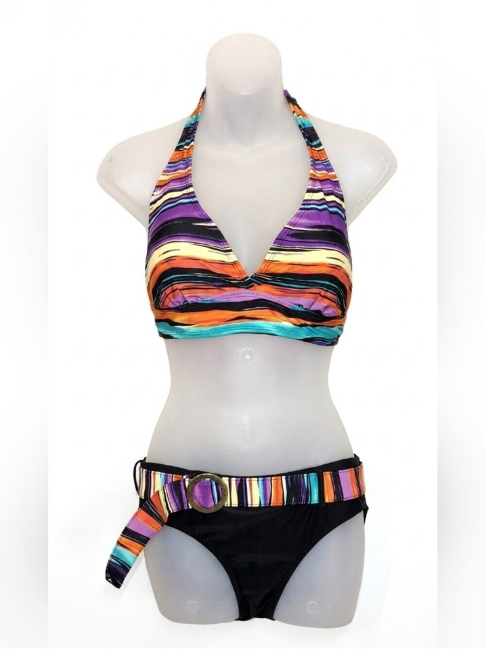 South Coast Multicoloured Striped Halter Bikini Set Black 12 Top 36D Swimsuit